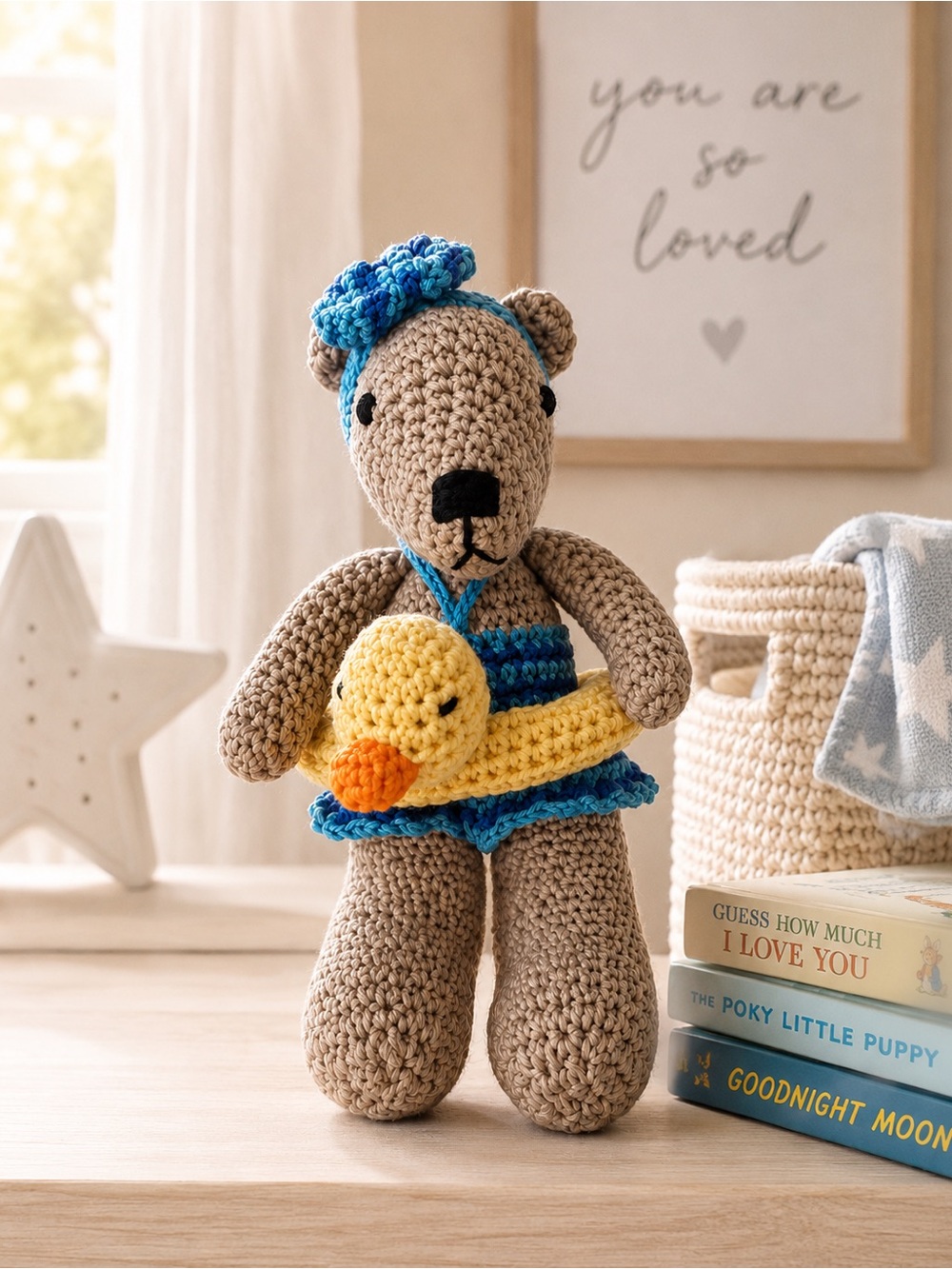 Handmade Crochet Beach Bear Amigurumi Plush Duck Floatie Summer Decor Gift